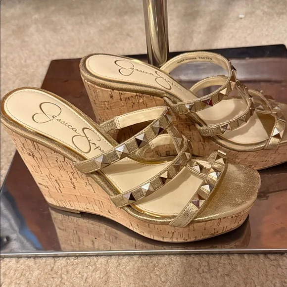 Jessica Simpson Metallic Gold Stud Detail Cork Wedges - Picture 2 of 3